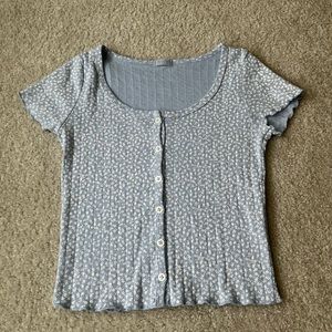 John Galt Brandy Melville Light Blue Floral Eyelet Button Up Fitted Crop Top